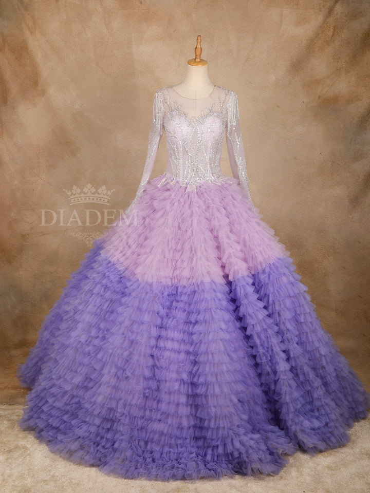 Purple Ruffled Sequins Net Ball Gown