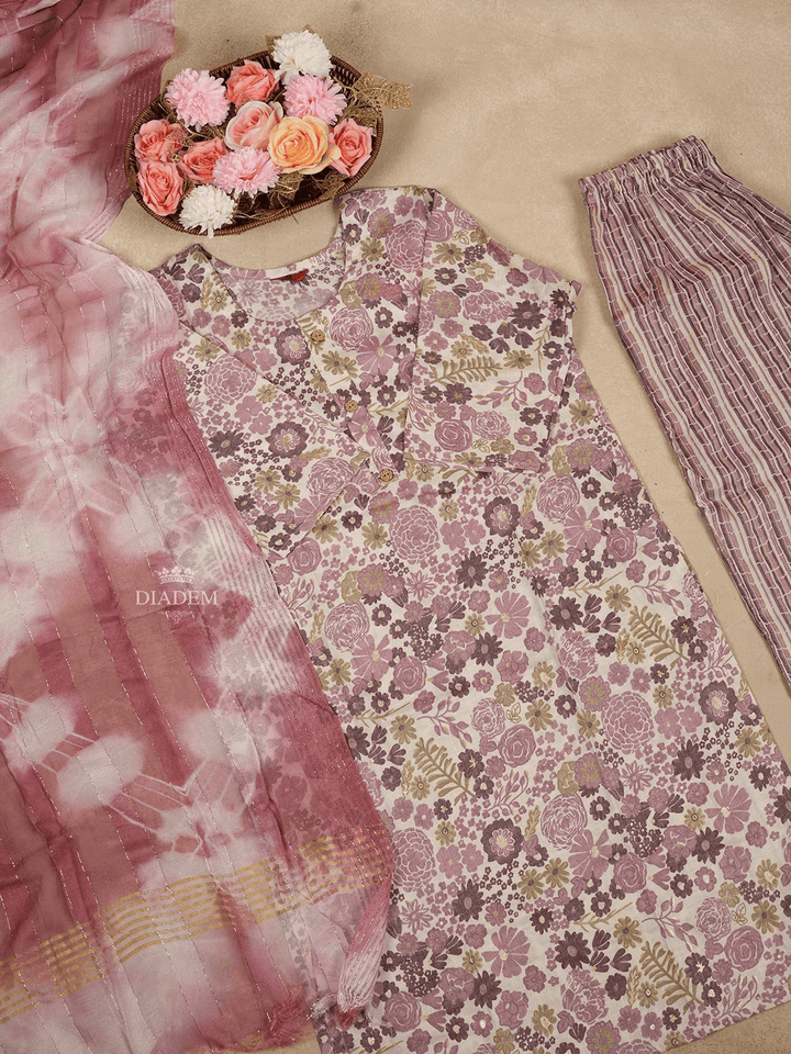 Purple Cotton Salwar Suits Adorned With Printed Floral Designs with Dupatta - Diadem