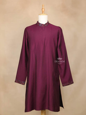 Wine Raw Silk Embroidery Indo-Western Sherwani Suit, with Pant - Diadem