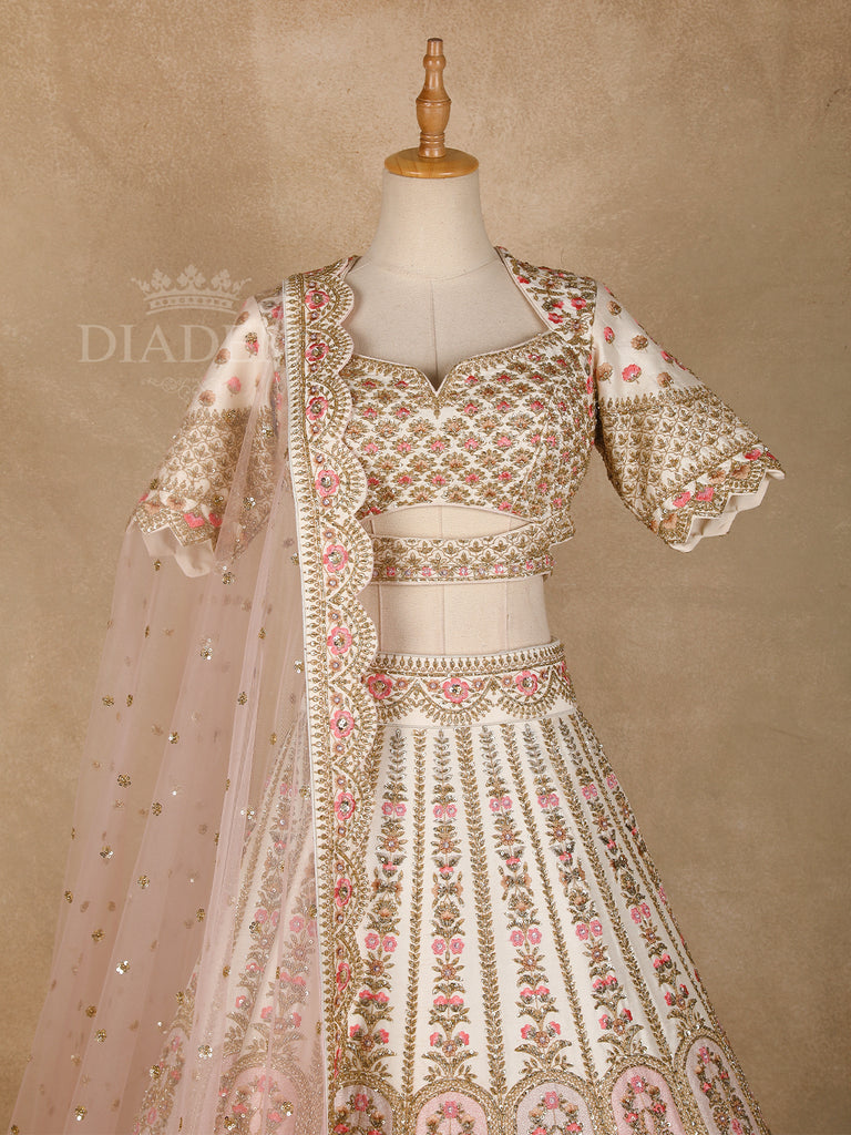 Raw Silk Ivory Lehenga with Floral Embroidery