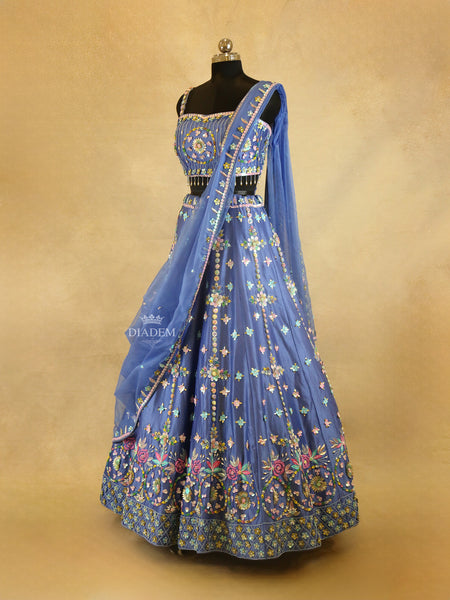 Raw Silk Lehenga Blue Adorned with 3D Flower and Sequins