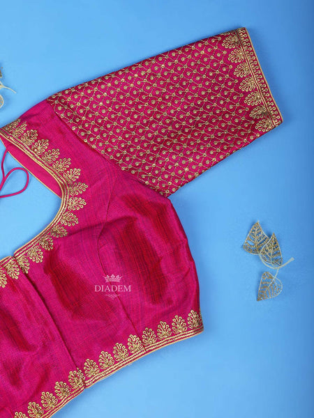 Dark Pink Silk Readymade Blouse Adorned with Embroidery Designs - Diadem