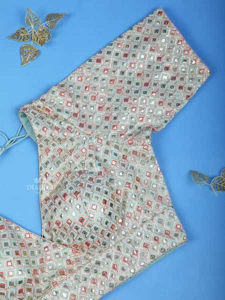 Pastel Blue Readymade Silk Blouse Adorned with Mirror Work Embroidery Design - Diadem