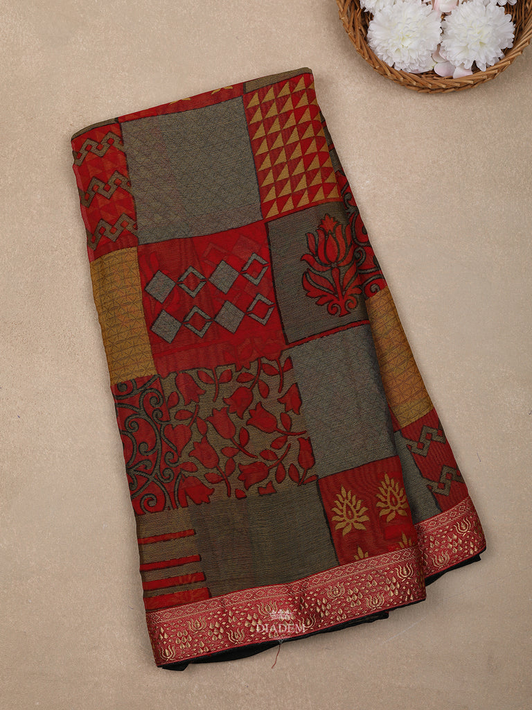 Red Abstract Printed Crepe Fancy Saree 