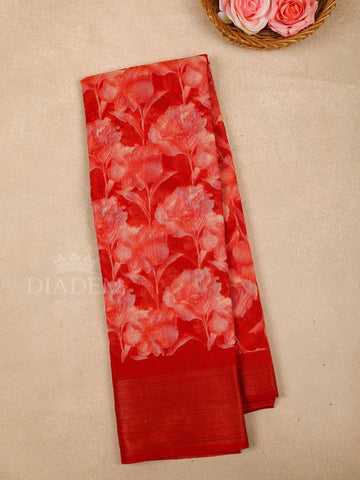 Red Cotton Saree With Floral Patterns On the Body with Matching Border - Diadem