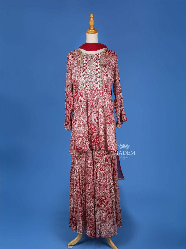 Red Cotton Sharara Salwar Suit for Women Adorned with Printed Floral Design, Mirror and sequins work, Paired with Dupatta - Diadem