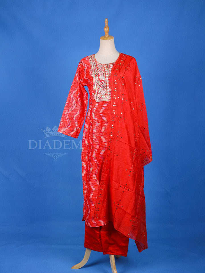 Red Crepe Straight Cut Salwar Suit for Women Adorned with Chevron Prints, With 3/4 Sleeves and Dupatta - Diadem