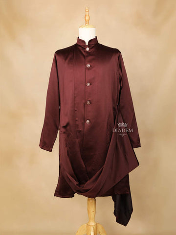 Dark Red Embroidery Indo-Western Sherwani Suit, with Pant and Brooch - Diadem