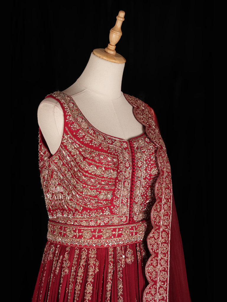 Red Floral Embroidery Designed Gown and Dupatta