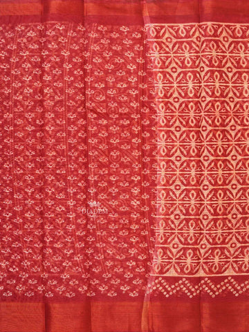 Red Linen Cotton Saree With Floral Designs On the Body with Matching Border - Diadem