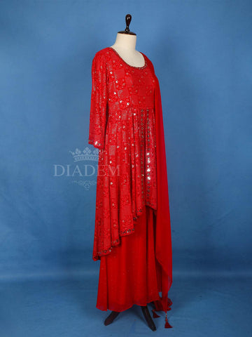 Red Floral Embroidered Georgette Palazzo Salwar Suit for Women - Diadem