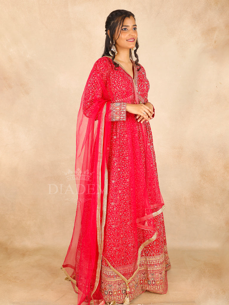 Red Gown with Full Sleeve and Floral