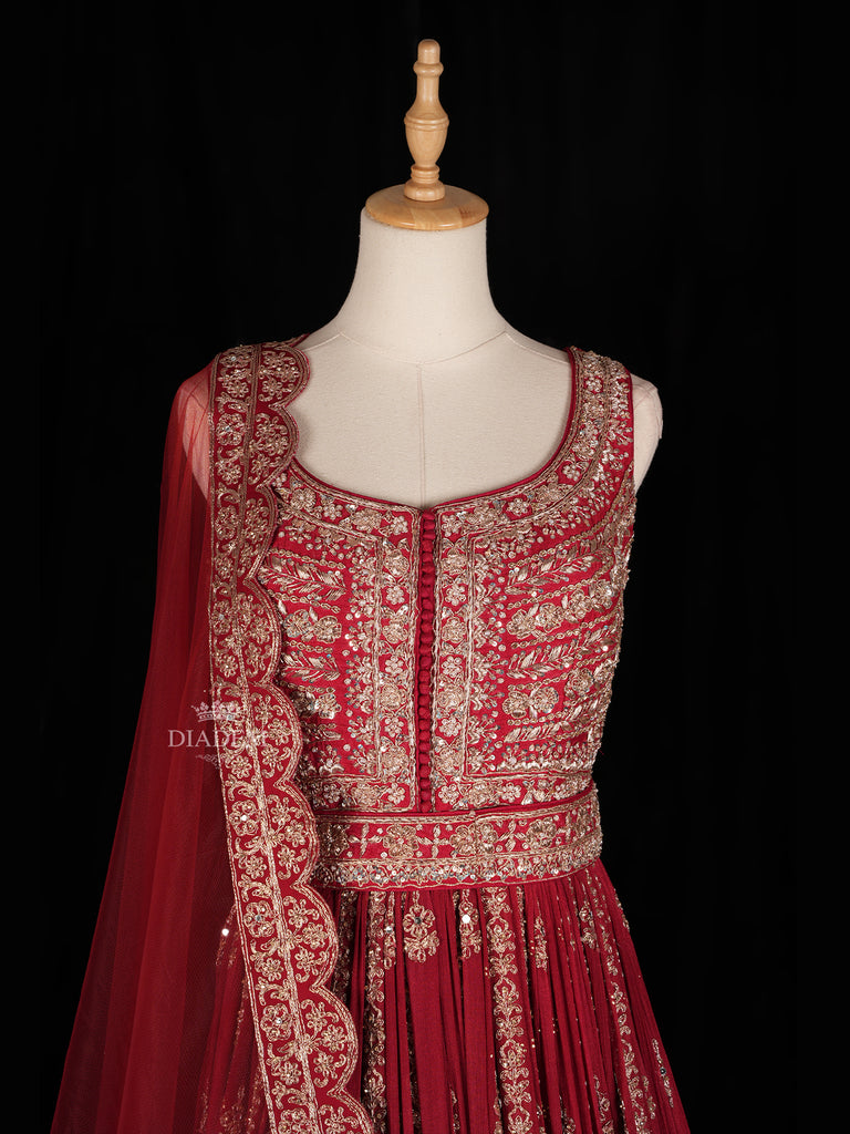 Red Gown with Floral Embroidery and Matching