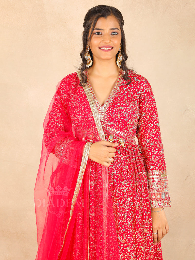 Full Sleeve Red Gown with Floral Embroidery