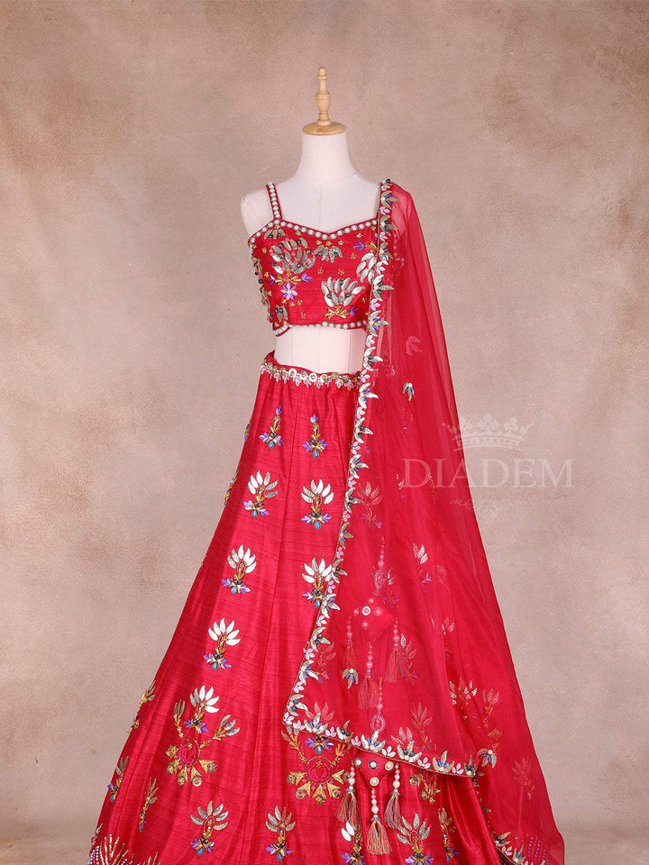Red Sangeet Lehenga Adorned with Floral Beads and Embroidery Designs with Matching Dupatta - Diadem