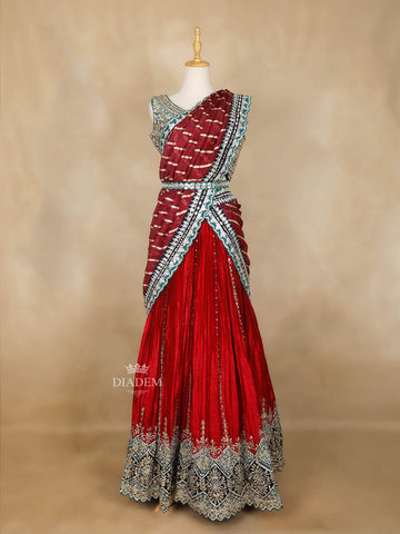 Red Lehenga Adorned with Embroidery and Stripes Designs, with Dupatta - Diadem