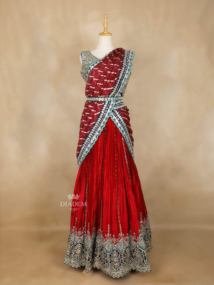 Red Lehenga Adorned with Embroidery and Stripes Designs, with Dupatta - Diadem