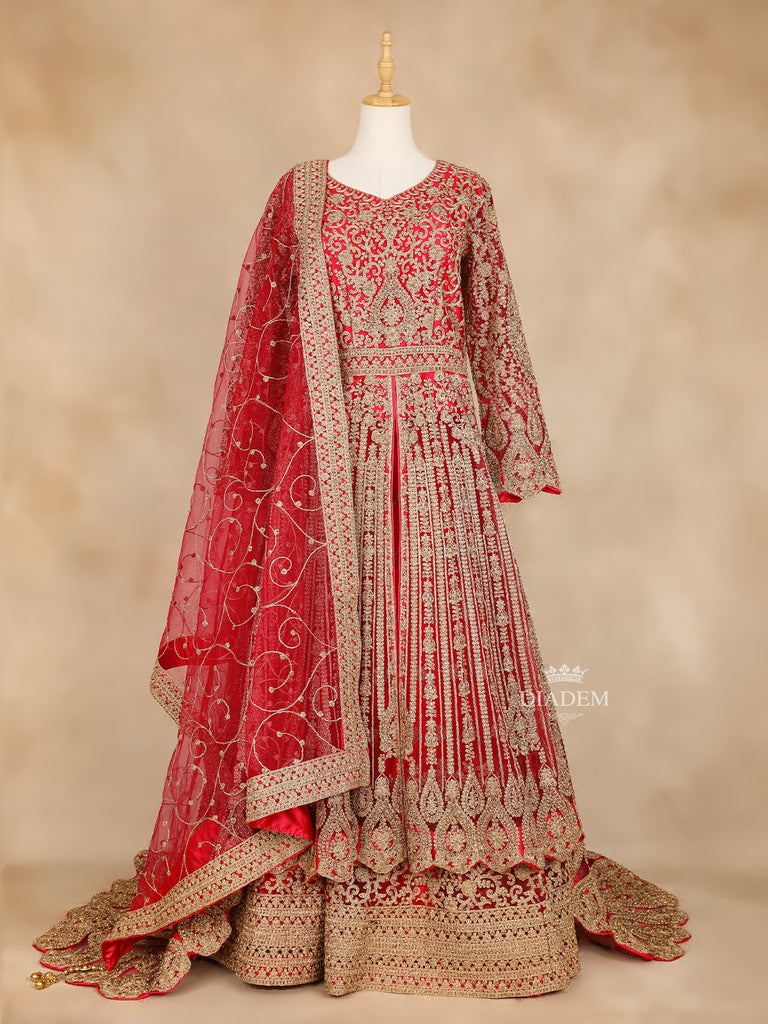 Red Lehenga Floral Embroidery Full Sleeve