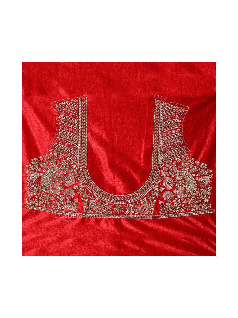 Red Lehenga With Net Velvet Dupatta And Floral Embroidery