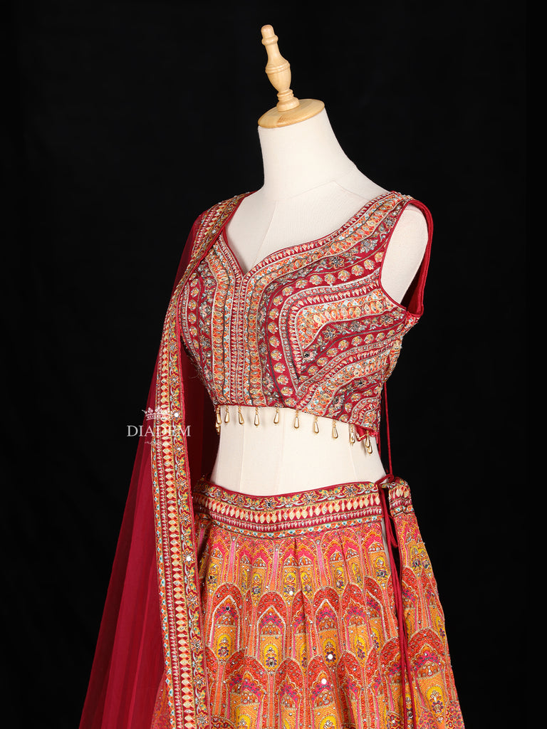 Red Floral Embroidery Lehenga Sleeveless Net Dupatta
