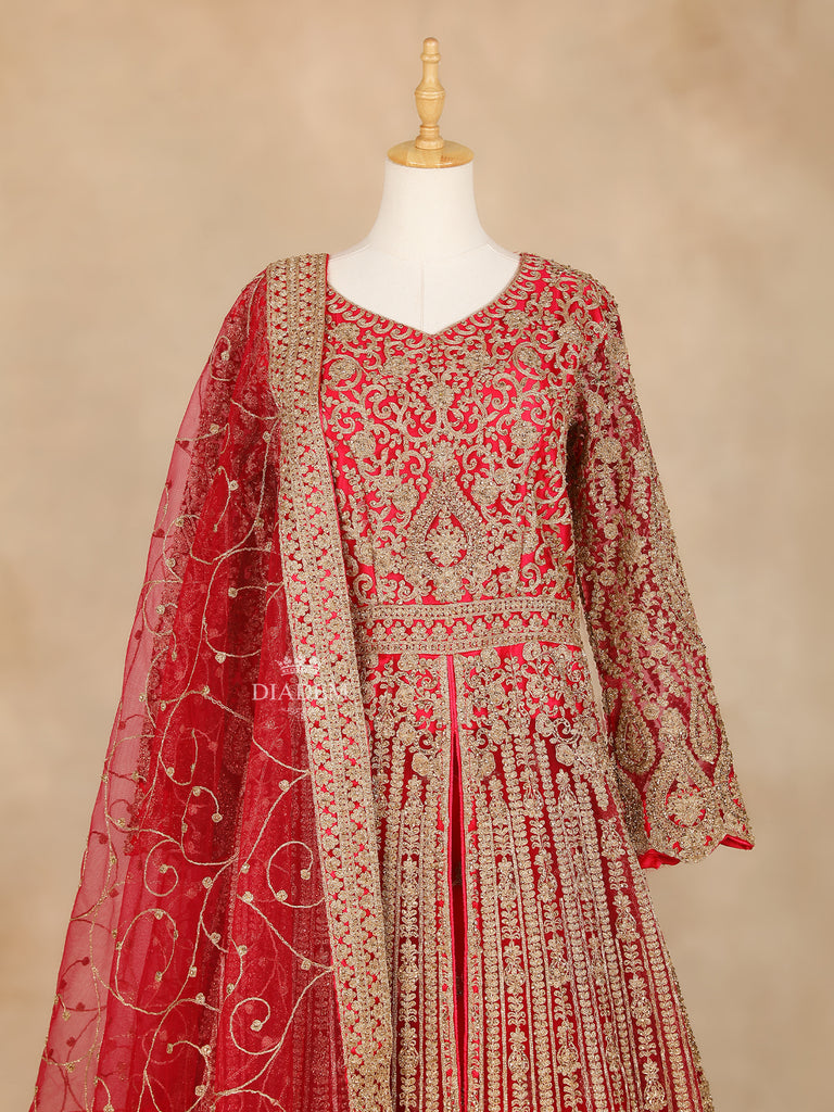 Red Lehenga Full Sleeve Floral Embroidery 