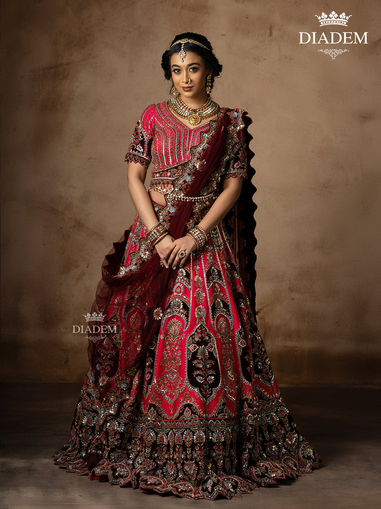 Red Net Lehenga Floral Embroidery