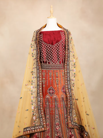 Red And Orange Velvet Lehenga