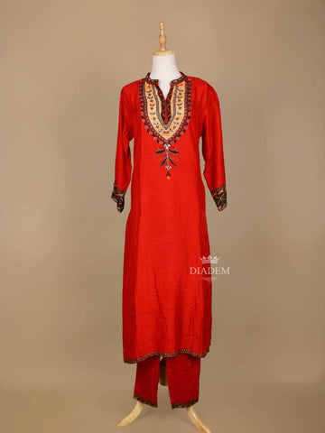 Red Raw Silk Straight Cut Salwar Suit for Women Adorned with Floral Embroidery Designs, with Closed Collar and 3/4 sleeves - Diadem