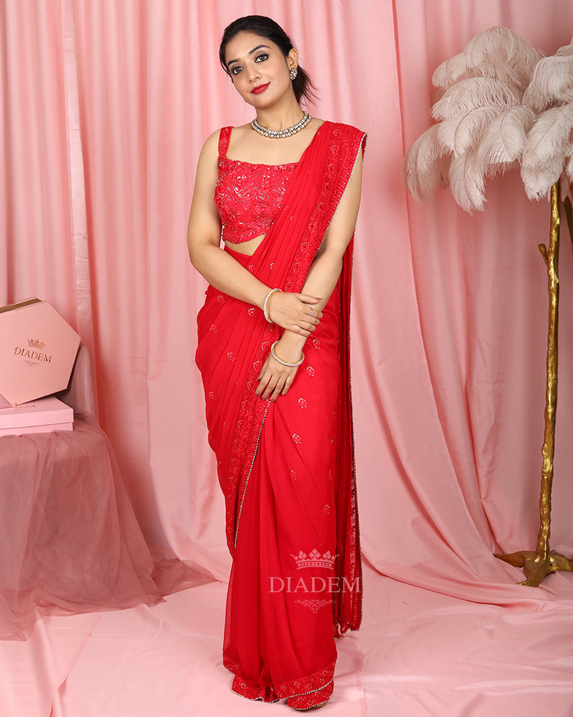 Red Ready to Wear Saree with Floral