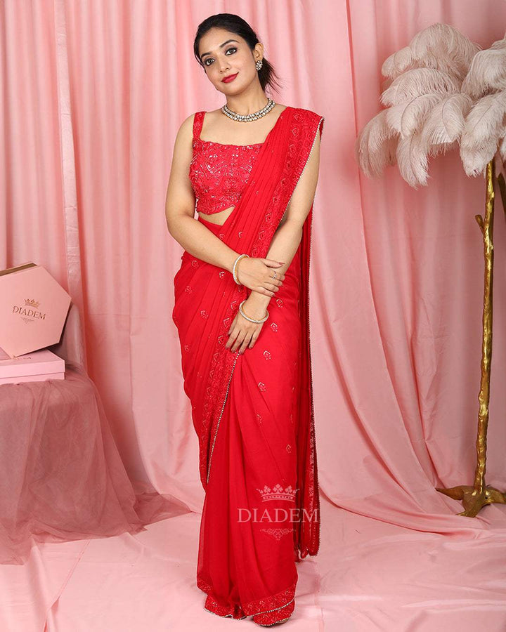 Red Ready to wear Saree with Floral Cutdana work - Diadem