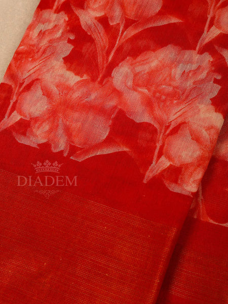 Red Cotton Saree With Floral Patterns On the Body with Matching Border - Diadem