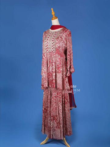 Red Cotton Sharara Salwar Suit for Women Adorned with Printed Floral Design, Mirror and sequins work, Paired with Dupatta - Diadem