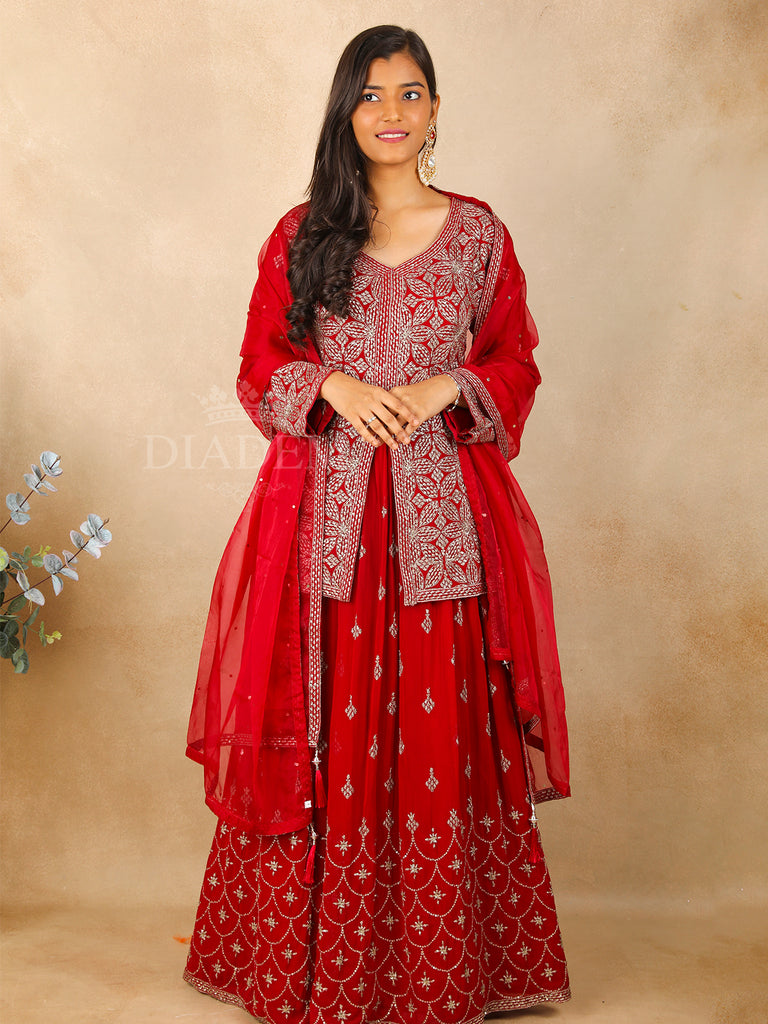 Red Silk Lehenga with Floral Designs