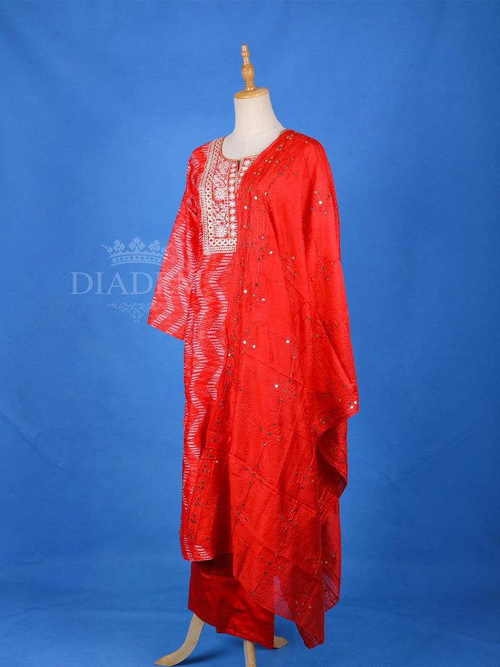 Red Crepe Straight Cut Salwar Suit for Women Adorned with Chevron Prints, With 3/4 Sleeves and Dupatta - Diadem