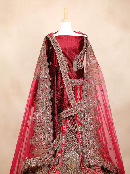 Red Velvet Semi Stitched Designer Bridal Lehenga Adorned with Floral Embroidery - Diadem