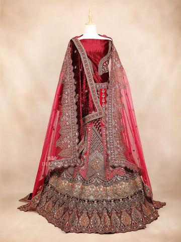 Red Velvet Semi Stitched Designer Bridal Lehenga Adorned with Floral Embroidery - Diadem