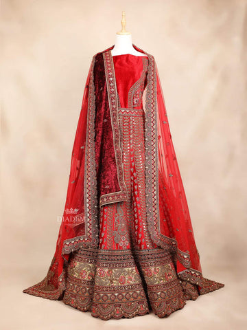 Red Velvet Semi Stitched Bridal Lehenga for Women Adorned with Floral Embroidery - Diadem