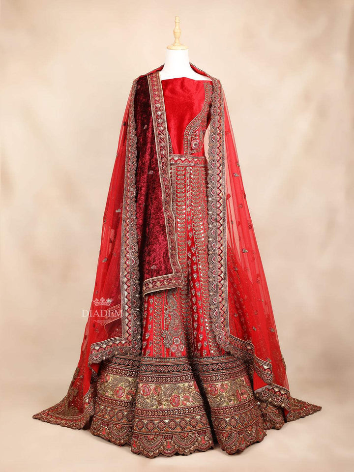 Red Velvet Semi Stitched Bridal Lehenga for Women Adorned with Floral Embroidery - Diadem