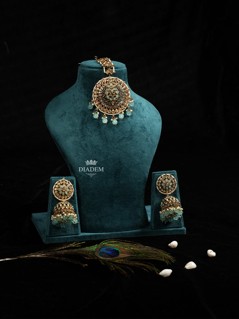 Regal Aqua Green Maang Tikka and Earrings