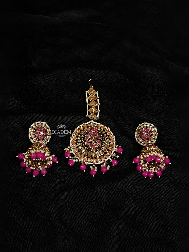 Regal Maang Tikka and Earrings Set Pink