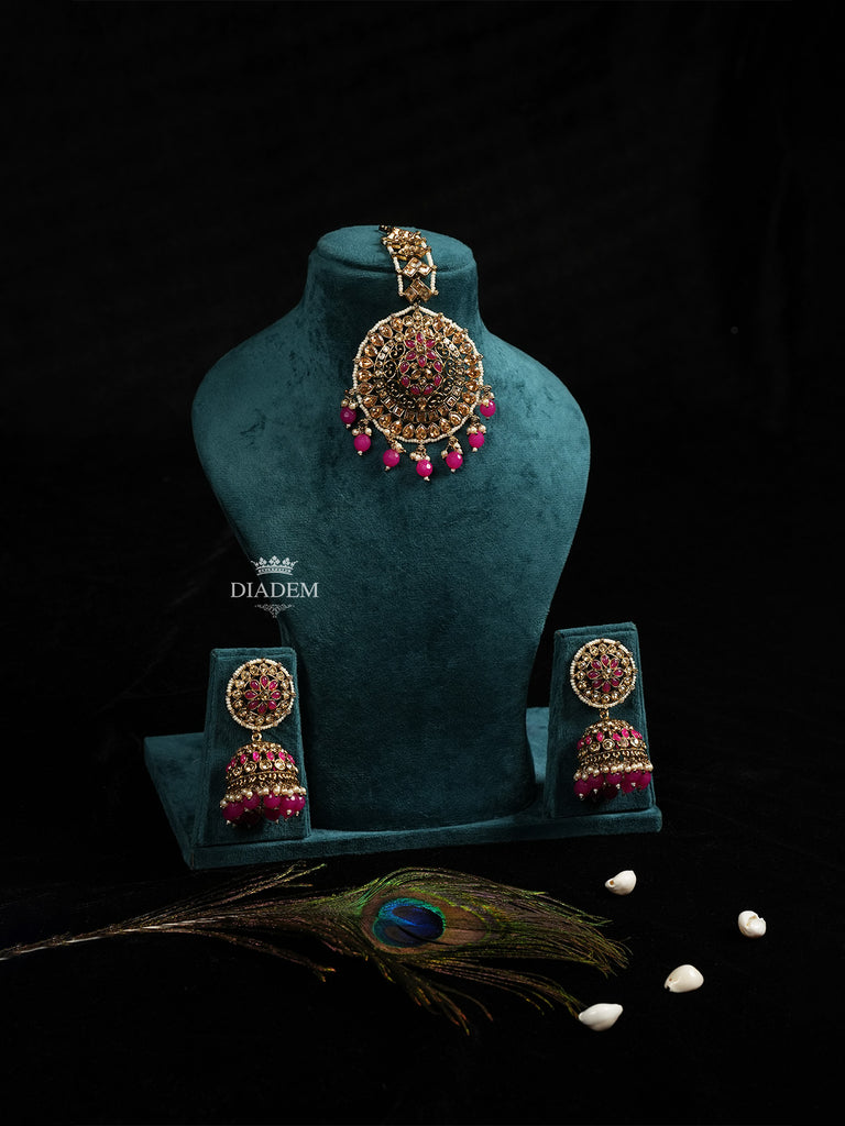 Regal Pink Maang Tikka and Earrings Set