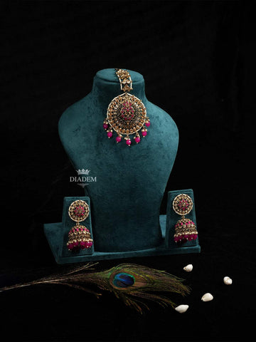 Regal Pink Maang Tikka and Earrings Set - Diadem