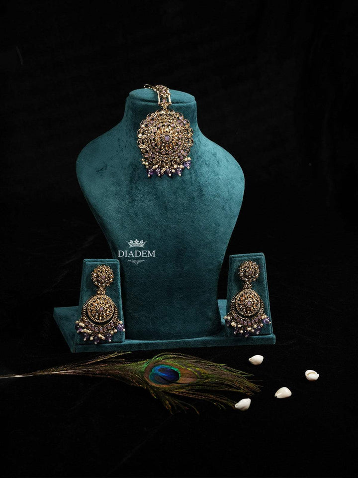 Regal Purple Maang Tikka and Earrings Set - Diadem