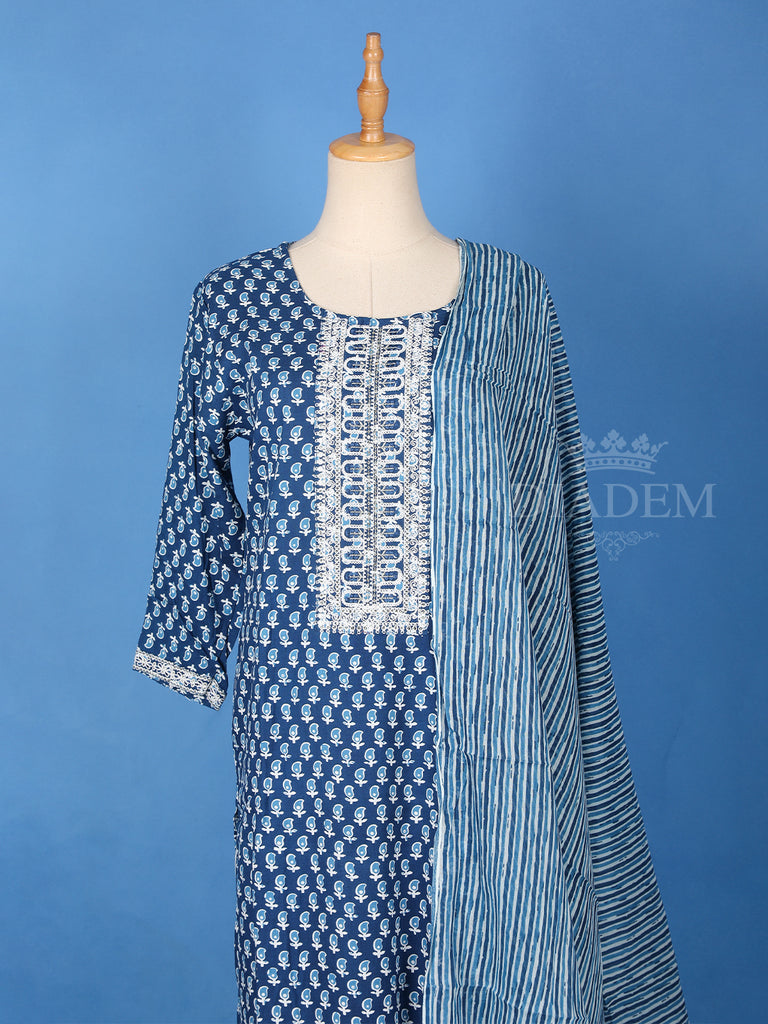 Round Neckline Blue Cotton Paisley Printed