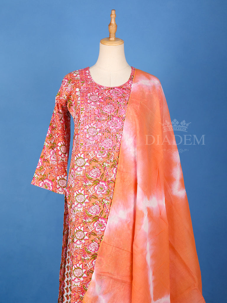 Round Neckline Light Orange Cotton Floral