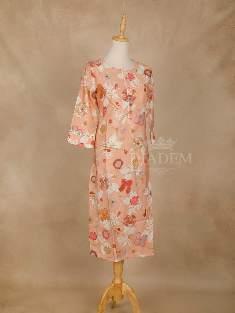 Round Neckline Peach Floral Printed Cotton