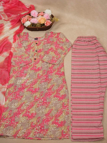 Pink Cotton Salwar Suits Adorned With Printed Floral Designs with Dupatta - Diadem