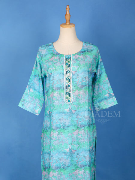 Round Neckline Sky Blue Cotton Printed