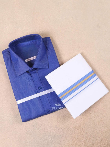 Royal Blue Plain Cotton Full-Sleeve Shirt with Matching Border Dhoti Set - Diadem