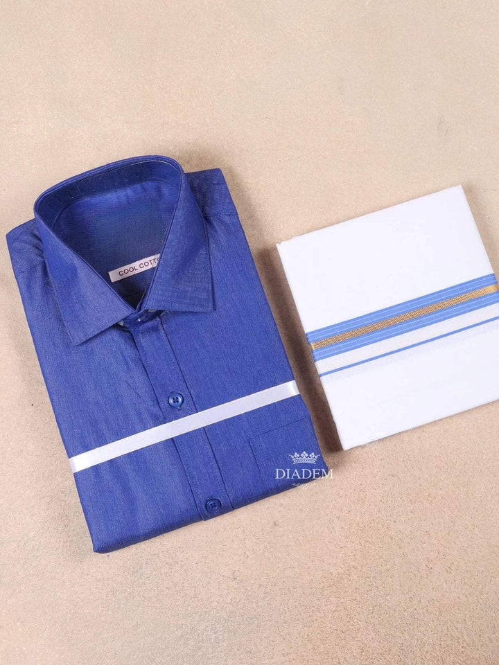 Royal Blue Plain Cotton Full-Sleeve Shirt with Matching Border Dhoti Set - Diadem